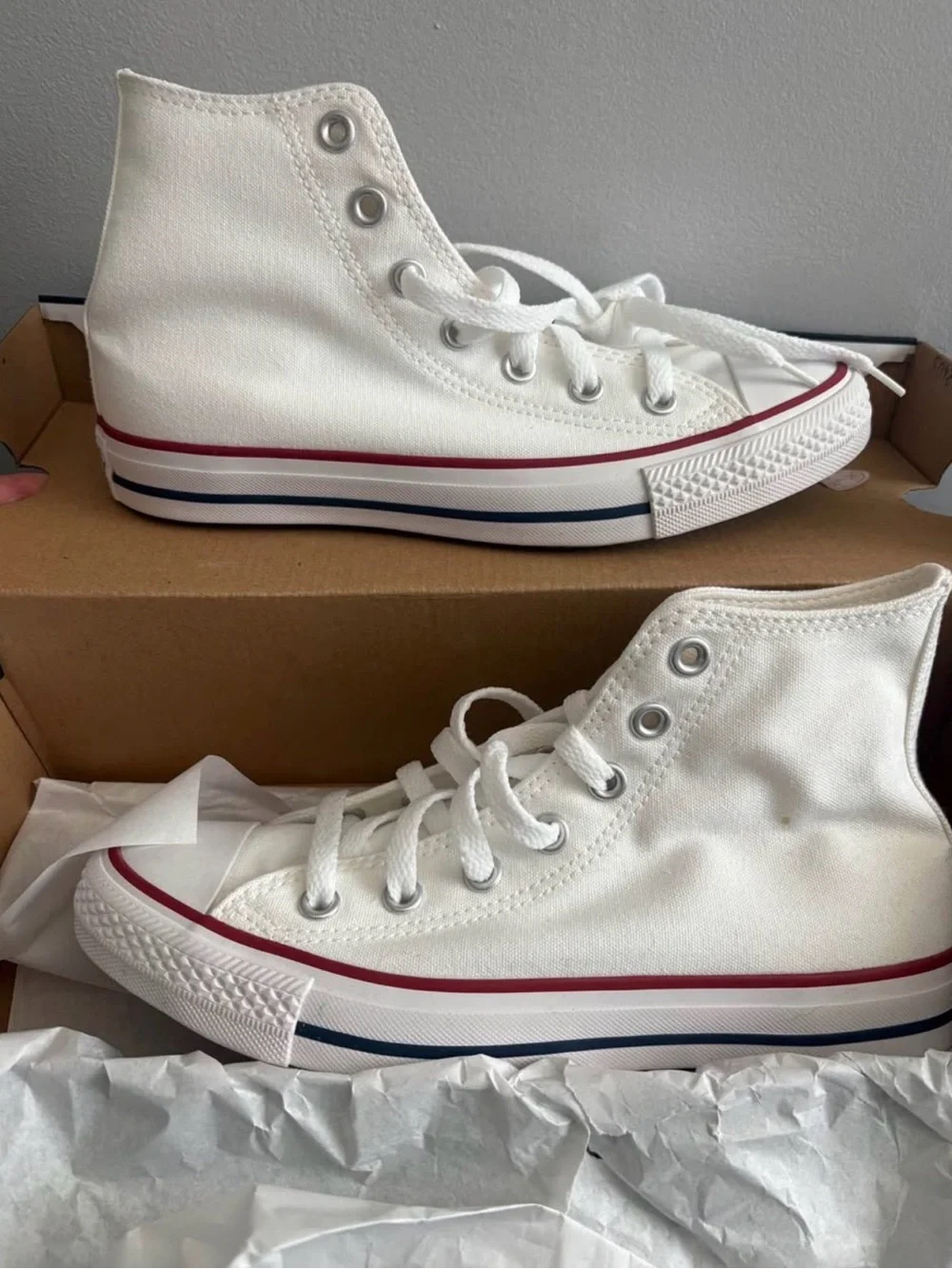 Converse White High Top Women’s Sneakers with Red & Navy Trim